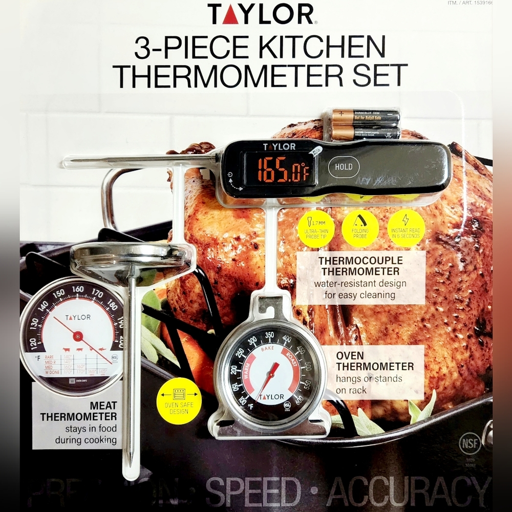 Taylor 3-Piece Thermometer Kitchen Set Includes Meat,Oven&Thermocouple Oven Safe
